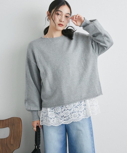 Doux archives（ドゥアルシーヴ）の「カーリングボートネックニットプルオーバー（ニット/セーター・レディース・シアン/グレイッシュベージュ/ブラック/グレー・FREE）」の3枚目の写真