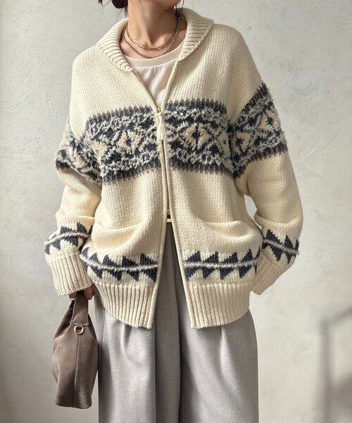 DouDou（ドゥドゥ）の「ノルディックジップカーディガン（ニット/セーター・レディース・ベージュ/オフホワイト・FREE）」の2枚目の写真