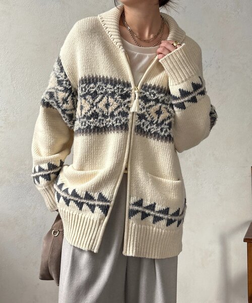 DouDou（ドゥドゥ）の「ノルディックジップカーディガン（ニット/セーター・レディース・ベージュ/オフホワイト・FREE）」の8枚目の写真