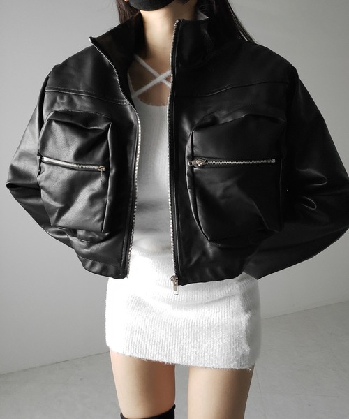2color 】裏ファーアウトポケットジップアップショートレザーブルゾン