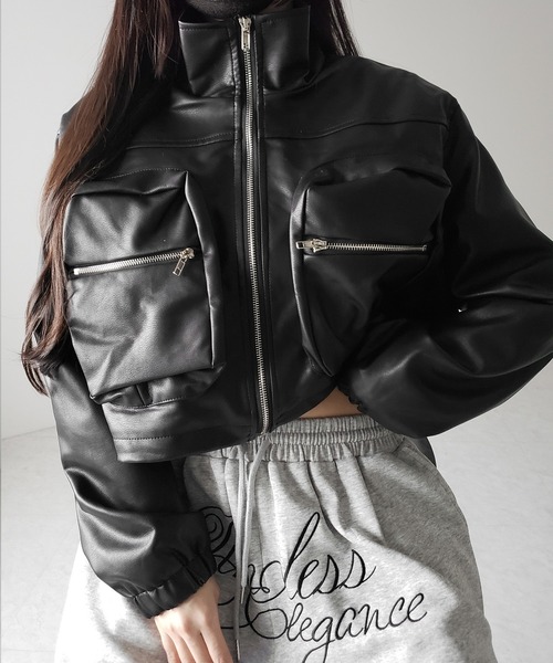 2color 】裏ファーアウトポケットジップアップショートレザーブルゾン