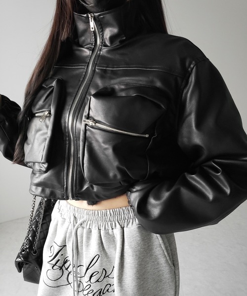 ミームセレクト ジップアップミックスフェイクファーショートブルゾン 2color 】裏ファーアウトポケットジップアップショートレザーブルゾン