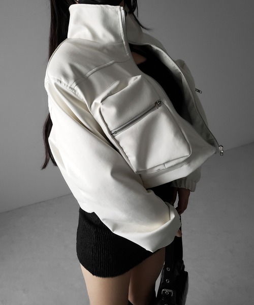 2color 】裏ファーアウトポケットジップアップショートレザーブルゾン