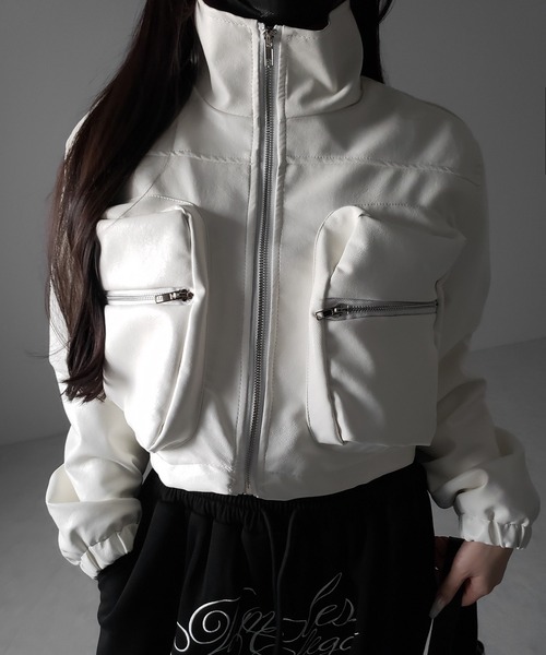 2color 】裏ファーアウトポケットジップアップショートレザーブルゾン