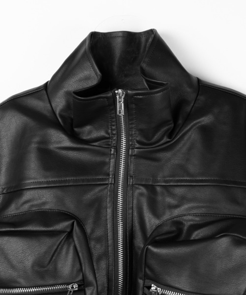 ミームセレクト ジップアップミックスフェイクファーショートブルゾン 2color 】裏ファーアウトポケットジップアップショートレザーブルゾン