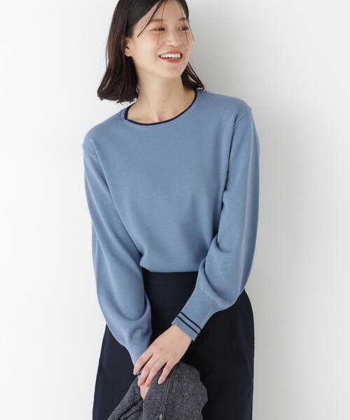 human woman（ヒューマンウーマン）の「◆【ウォッシャブル】オーガニックコットン混ライン入プルオーバー（ニット/セーター・レディース・ネイビー/ブルー/グリーン/ベージュ系その他2・MEDIUM）」の4枚目の写真