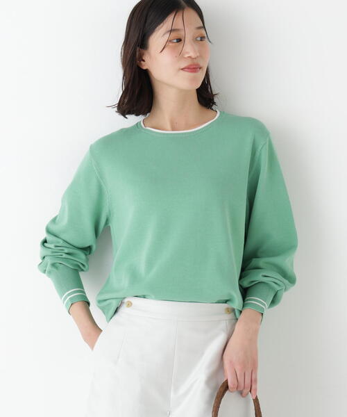 human woman（ヒューマンウーマン）の「◆【ウォッシャブル】オーガニックコットン混ライン入プルオーバー（ニット/セーター・レディース・ネイビー/ブルー/グリーン/ベージュ系その他2・MEDIUM）」の3枚目の写真