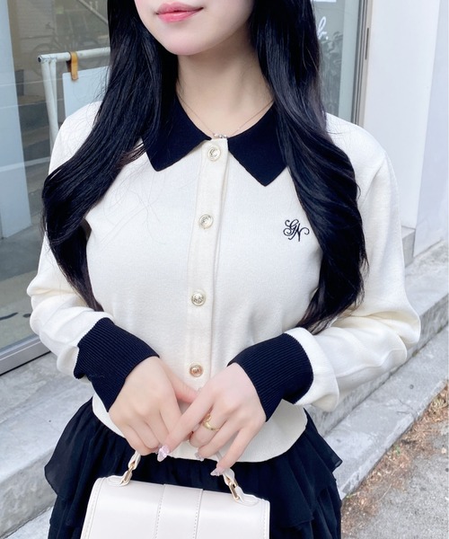 INGNI（イング）の「襟付配色金ボタンニットカーディガン（カーディガン/ボレロ・レディース・ネイビー系/グレー×ホワイト/ホワイト×ブラック/ピンク系2/ブラック×ホワイト・M）」の12枚目の写真