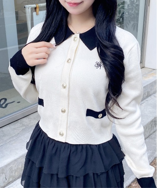 INGNI（イング）の「襟付配色金ボタンニットカーディガン（カーディガン/ボレロ・レディース・ネイビー系/グレー×ホワイト/ホワイト×ブラック/ピンク系2/ブラック×ホワイト・M）」の13枚目の写真