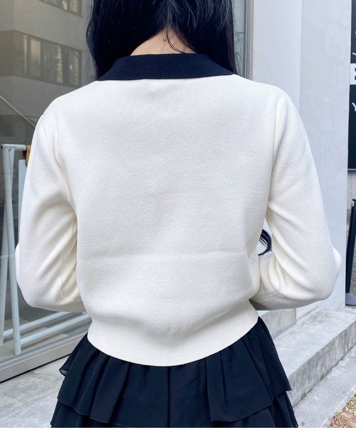 INGNI（イング）の「襟付配色金ボタンニットカーディガン（カーディガン/ボレロ・レディース・ネイビー系/グレー×ホワイト/ホワイト×ブラック/ピンク系2/ブラック×ホワイト・M）」の16枚目の写真