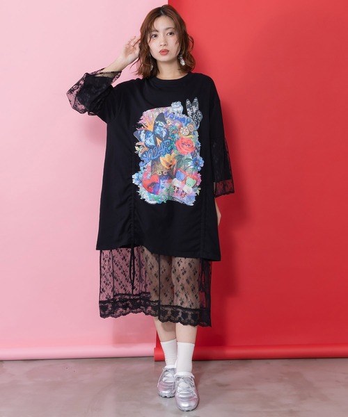 ScoLar(スカラー)の「161620:アート柄レース切替チュニック(チュニック・レディース・ブラック/ブルー・M)」の2枚目の写真