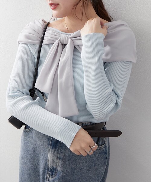 Another Branch olive des olive（アナザーブランチオリーブデオリーブ）の「【レディライクなきこなしに】ジョーゼットオフショルプルオーバー（ニット/セーター・レディース・サックスブルー/ブラック/アイボリー・FREE）」の13枚目の写真