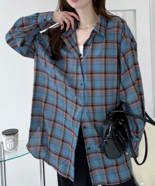 Ada.(エイダ)の「2WAY チェック/ストライプ シアー シャツ(シャツ/ブラウス・レディース・ブルー/ブラック/グリーン・FREE)」の1枚目の写真