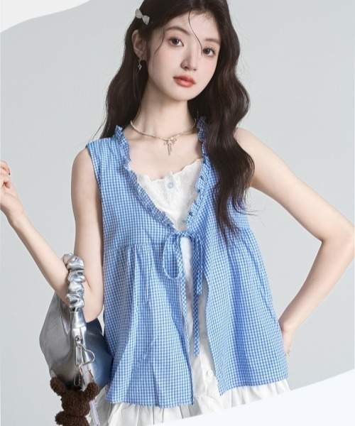 gossip！ロサンゼルス（ゴシップロサンゼルス）の「【Y2Kガーリー】レトロチェック 二枚重ね風 レースフリル ノースリーブベスト風トップス 4色展開（カーディガン/ボレロ・レディース・ブルー/ブラック/イエロー/グリーン・M）」の10枚目の写真