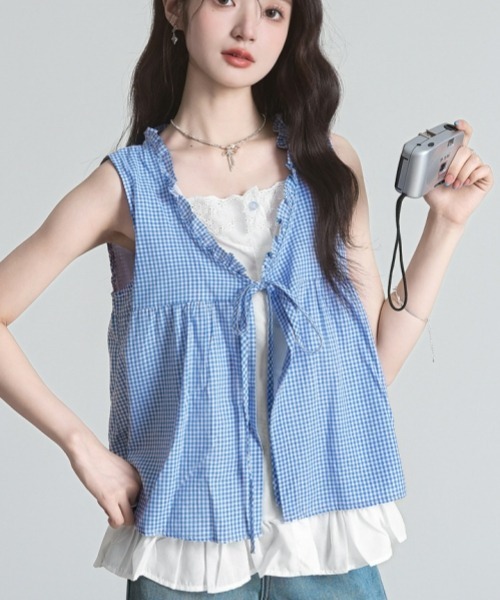 gossip！ロサンゼルス（ゴシップロサンゼルス）の「【Y2Kガーリー】レトロチェック 二枚重ね風 レースフリル ノースリーブベスト風トップス 4色展開（カーディガン/ボレロ・レディース・ブルー/ブラック/イエロー/グリーン・M）」の13枚目の写真
