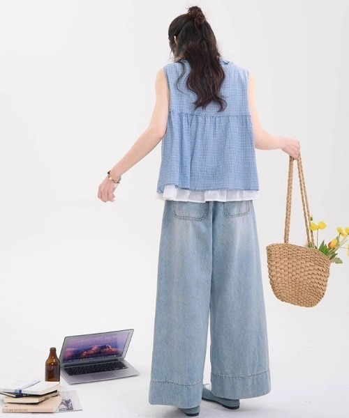 gossip！ロサンゼルス（ゴシップロサンゼルス）の「【Y2Kガーリー】レトロチェック 二枚重ね風 レースフリル ノースリーブベスト風トップス 4色展開（カーディガン/ボレロ・レディース・ブルー/ブラック/イエロー/グリーン・M）」の17枚目の写真