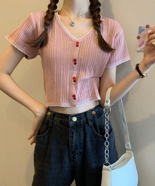 SEU（エスイーユー）の「リブニット 配色メロウ 半袖 カーディガン トップス オフィスカジュアル きれいめカジュアル レディース韓国風（カーディガン/ボレロ・レディース・ブラック/ワイン/イエロー/ピンク/ホワイト・フリー）」の9枚目の写真