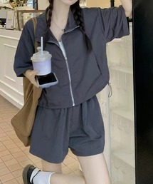ナイロン半袖ジップトップス×ウエストゴムショートパンツ 2点セット