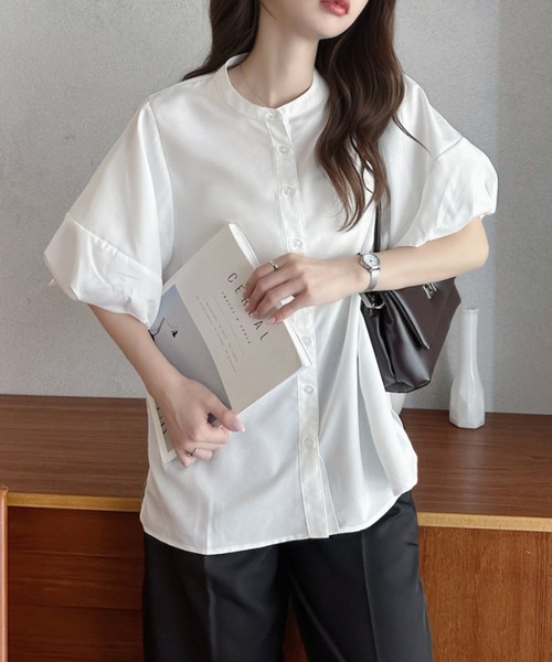 Eclat one(エクラワン)の「【Eclat one】バンドカラー ボリュームスリーブ シンプル 半袖 シャツ(シャツ/ブラウス・レディース・オフホワイト/イエロー/ピンク・M)」の5枚目の写真