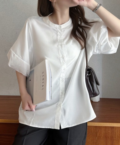 Eclat one(エクラワン)の「【Eclat one】バンドカラー ボリュームスリーブ シンプル 半袖 シャツ(シャツ/ブラウス・レディース・オフホワイト/イエロー/ピンク・M)」の6枚目の写真