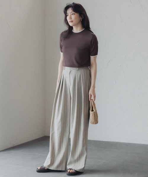 slattgir(スラットジール)の「高身長 リネンストライプタックワイドパンツ(トールサイズ)Essenave(その他パンツ・レディース・ブラウン/キナリ・TL/TLL/T3L/TM)」の9枚目の写真
