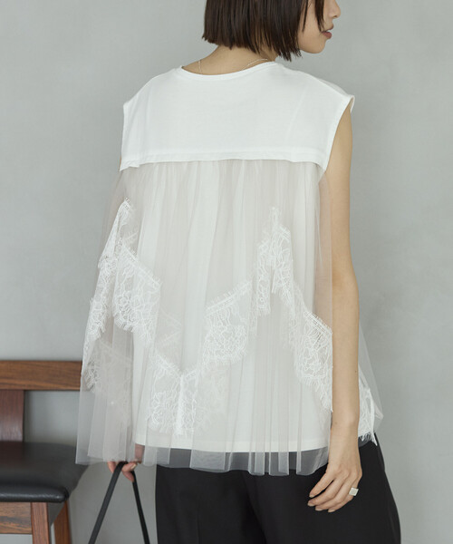 Firsthand(ファーストハンド)の「Firsthand/ファーストハンド オーガニックコットン チュールレース ドッキング トップス(Tシャツ/カットソー・レディース・チャコールグレー/ブラック/ホワイト・FREE)」の2枚目の写真