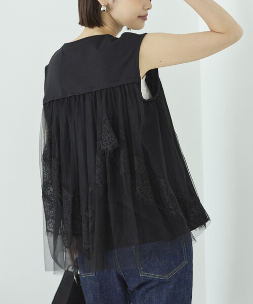 Firsthand(ファーストハンド)の「Firsthand/ファーストハンド オーガニックコットン チュールレース ドッキング トップス(Tシャツ/カットソー・レディース・チャコールグレー/ブラック/ホワイト・FREE)」の1枚目の写真