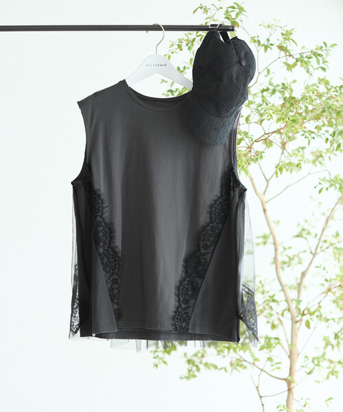 Firsthand(ファーストハンド)の「Firsthand/ファーストハンド オーガニックコットン チュールレース ドッキング トップス(Tシャツ/カットソー・レディース・チャコールグレー/ブラック/ホワイト・FREE)」の4枚目の写真
