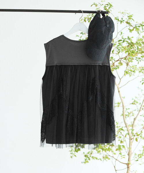 Firsthand(ファーストハンド)の「Firsthand/ファーストハンド オーガニックコットン チュールレース ドッキング トップス(Tシャツ/カットソー・レディース・チャコールグレー/ブラック/ホワイト・FREE)」の5枚目の写真