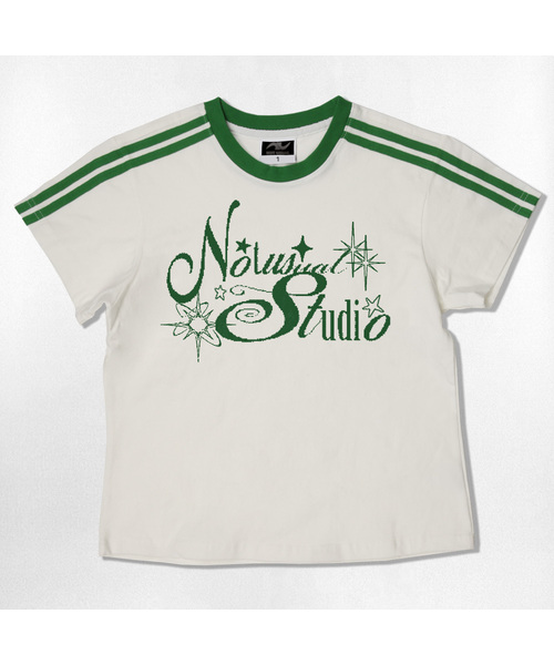NOTUSUAL(ノットユージュアル)の「ピクセルスタジオ セミクロップ 半袖Tシャツ 6色(Tシャツ/カットソー・レディース・ネイビー/ホワイト/ピンク/ホワイト×グリーン/スカイブルー/ライトブラウン・1(S))」の2枚目の写真