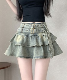 デニム ストレッチ ティアード ベルト付き スカート