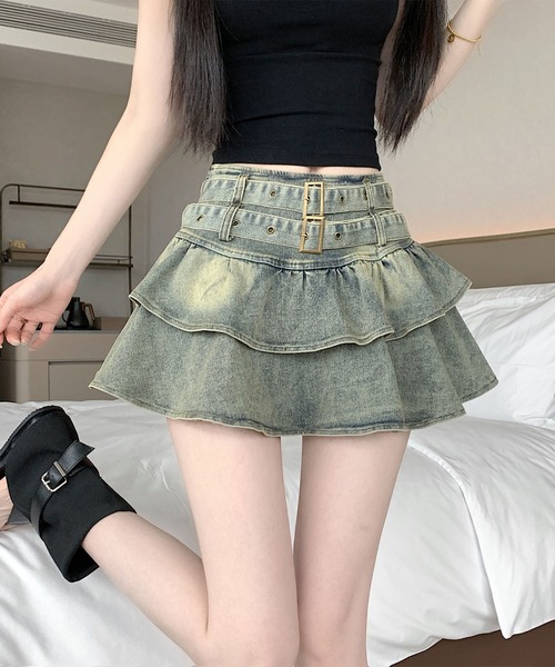 AMAJI（アマジ）の「デニム ストレッチ ティアード ベルト付き スカート（スカート・レディース・ブルー・X-LARGE/LARGE/MEDIUM/SMALL）」の4枚目の写真