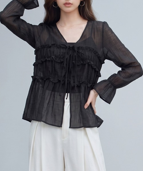 DRESS PLUS(ドレスプラス)の「カーディガン レディース 薄手 長袖(カーディガン/ボレロ・レディース・ピンク/オフホワイト/イエロー/ブラック・M)」の2枚目の写真