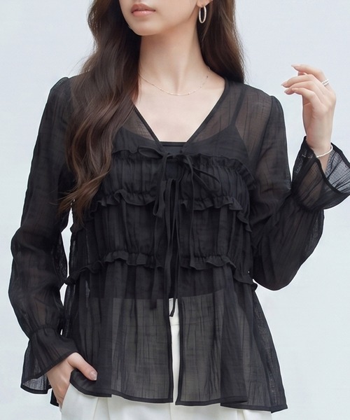DRESS PLUS(ドレスプラス)の「カーディガン レディース 薄手 長袖(カーディガン/ボレロ・レディース・ピンク/オフホワイト/イエロー/ブラック・M)」の7枚目の写真