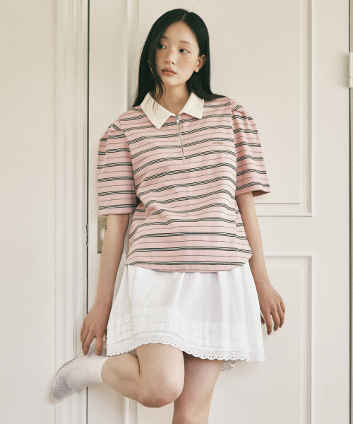 ROIROI(ロイロイ)の「ボリュームスリーブストライプカラー半袖Tシャツ - ピンク(Tシャツ/カットソー・レディース・その他・FREE)」の1枚目の写真