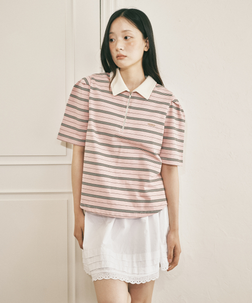 ROIROI(ロイロイ)の「ボリュームスリーブストライプカラー半袖Tシャツ - ピンク(Tシャツ/カットソー・レディース・その他・FREE)」の5枚目の写真