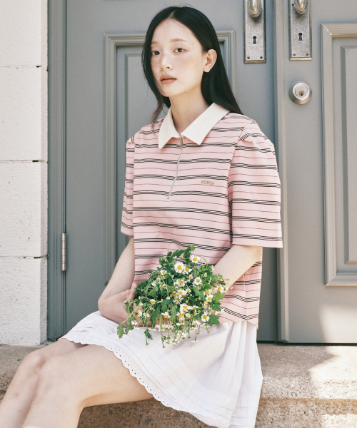 ROIROI(ロイロイ)の「ボリュームスリーブストライプカラー半袖Tシャツ - ピンク(Tシャツ/カットソー・レディース・その他・FREE)」の4枚目の写真