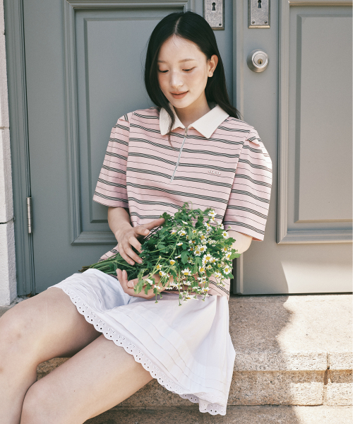 ROIROI(ロイロイ)の「ボリュームスリーブストライプカラー半袖Tシャツ - ピンク(Tシャツ/カットソー・レディース・その他・FREE)」の3枚目の写真