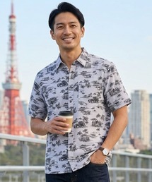 【KANSAI YAMAMOTO HOMME/カンサイヤマモトオム】2K629 リップルリゾート柄プリントシャツ/3色展開|アイボリー グレー オレンジ 総柄 開襟 大人カジュアル 夏シャツ