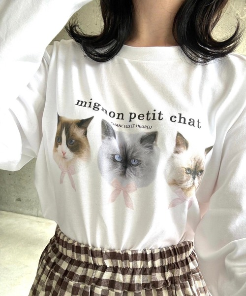 tunee(チュニー)の「あざと可愛いCATプリントロンT/長袖Tシャツ(hsyd)(Tシャツ/カットソー・レディース・ホワイト・MEDIUM/LARGE)」の1枚目の写真