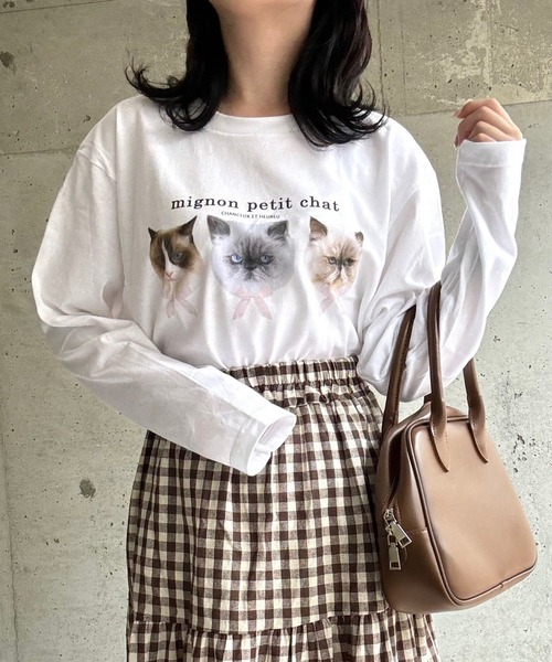 tunee(チュニー)の「あざと可愛いCATプリントロンT/長袖Tシャツ(hsyd)(Tシャツ/カットソー・レディース・ホワイト・MEDIUM/LARGE)」の3枚目の写真