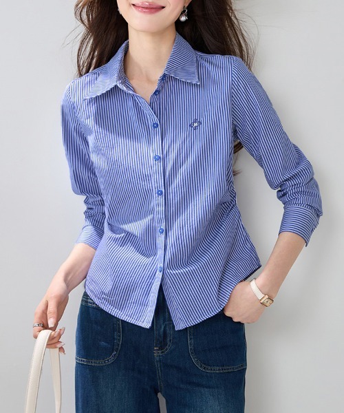 ONEP STAR(ワンピスター)の「サイドギャザー刺繍ストライプ長袖シャツ(シャツ/ブラウス・レディース・ストライプ・LARGE/MEDIUM/X-LARGE)」の6枚目の写真