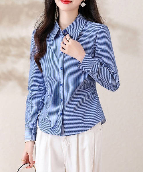 ONEP STAR(ワンピスター)の「サイドギャザー刺繍ストライプ長袖シャツ(シャツ/ブラウス・レディース・ストライプ・LARGE/MEDIUM/X-LARGE)」の8枚目の写真