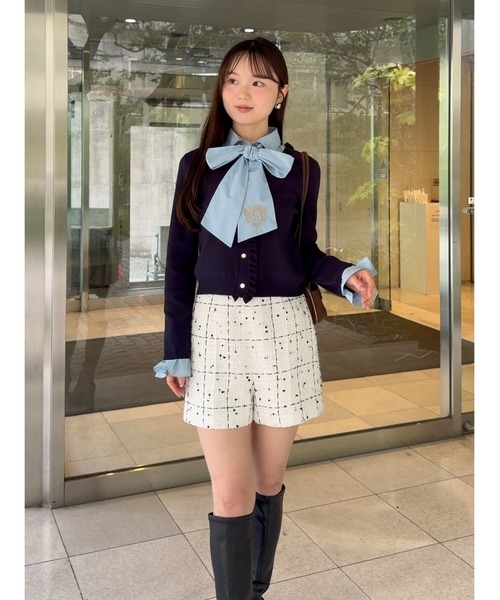 SNIDEL（スナイデル）の「ロゴボウタイドッキングフリルカーディガン（カーディガン/ボレロ・レディース・ネイビー/グレー/バーガンディー・F）」の5枚目の写真