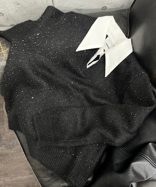 ROGER AND RAW（ロジャーアンドロウ）の「シャツ襟フェイクレイヤード スパンコールニット（ニット/セーター・レディース・ネイビー/ホワイト/グレー/ブラック・FREE）」の8枚目の写真