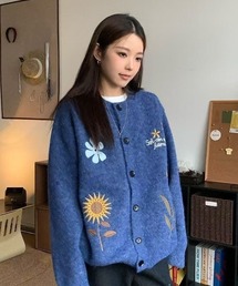 フラワーワッペン刺繍モヘアライクカーディガン