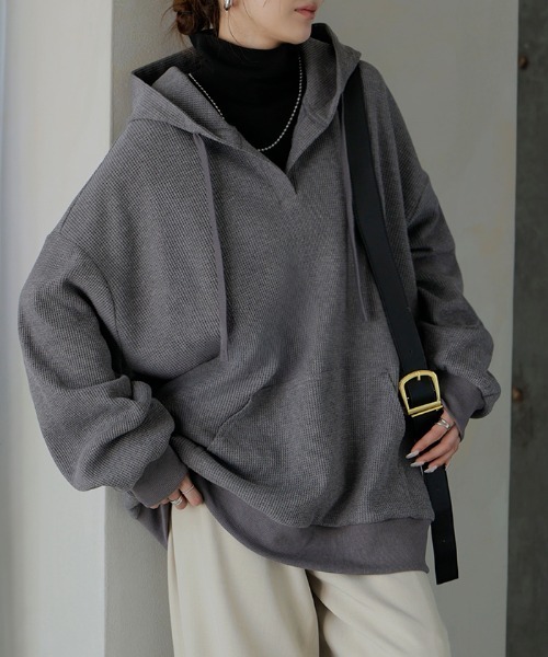 HUG.U(ハグユー)の「ワッフルパーカープルオーバー(パーカー・レディース・ブラック/ネイビー/グレー/レッド/ミックスグレー/ブルー・FREE)」の13枚目の写真
