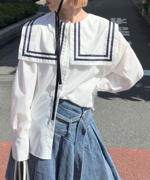Alley Tokyo(アリートーキョー)の「おっきいセーラー衿のライン入りブラウス(シャツ/ブラウス・レディース・オフホワイト/ピンク・FREE)」の2枚目の写真