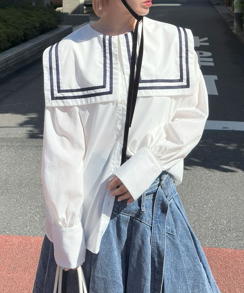 Alley Tokyo(アリートーキョー)の「おっきいセーラー衿のライン入りブラウス(シャツ/ブラウス・レディース・オフホワイト/ピンク・FREE)」の3枚目の写真