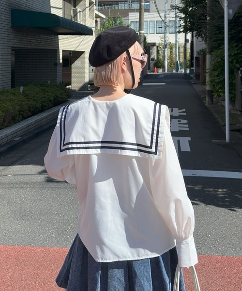 Alley Tokyo(アリートーキョー)の「おっきいセーラー衿のライン入りブラウス(シャツ/ブラウス・レディース・オフホワイト/ピンク・FREE)」の4枚目の写真